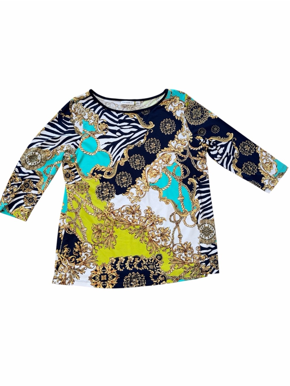 SUSAN GRAVER Baroque Print Chic Top Women’s Large Teal Blue Lime Green